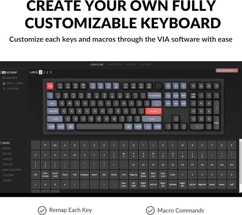 Keychron V6 Wired Custom Mechanical Keyboard Knob Version, Full-Size QMK/VIA Programmable Macro with Hot-swappable K Pro Red Switch Compatible with Mac Windows Linux Black (Non-Transparent) - Image 3